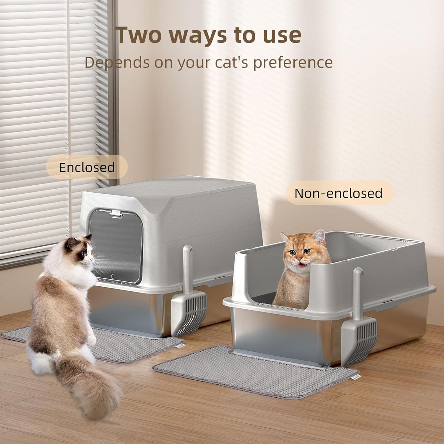 Stainless Steel Cat Litter Box with Lid  Multifunctional 2 in-1 Metal Cat Litter Box - Light Gray