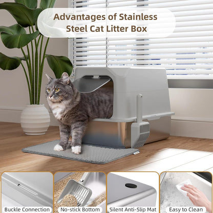 Stainless Steel Cat Litter Box with Lid  Multifunctional 2 in-1 Metal Cat Litter Box - Light Gray