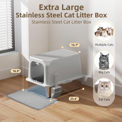 Stainless Steel Cat Litter Box with Lid  Multifunctional 2 in-1 Metal Cat Litter Box - Light Gray